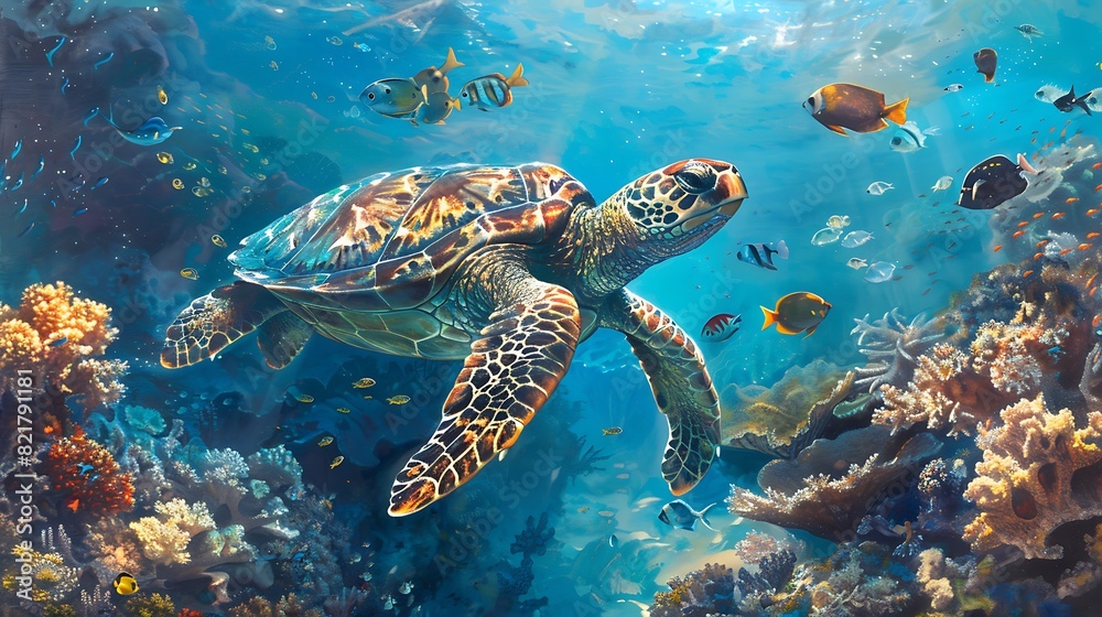 Obraz premium graceful sea turtle gliding underwater , sea turtle gliding in ocean