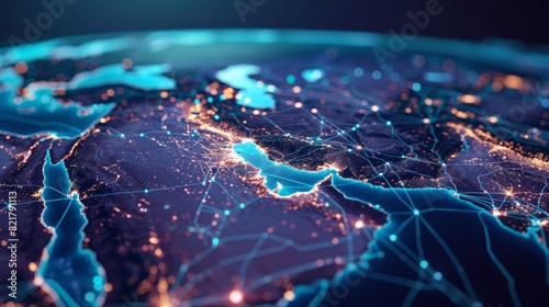 An abstract map of Saudi Arabia and the broader Middle East and North Africa region symbolizes global network connectivity. It highlights the significance of data transfer, cyber technology