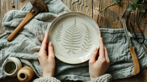 Female sculptor making clay pottery in a home workshop.Making an imprint of a fern leaf on a clay plate, Small business, Entrepreneurship, hobby and leisure. photo