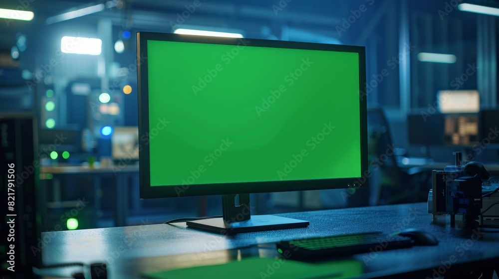 An engineer's office with a modern green screen chromakey display screen. An engineer's office with a modern green screen chromakey display screen.