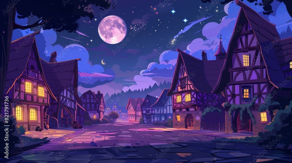 An old European street with half-timbered houses at night. A grey sky with fachwerk cottages, a moon, and stars.