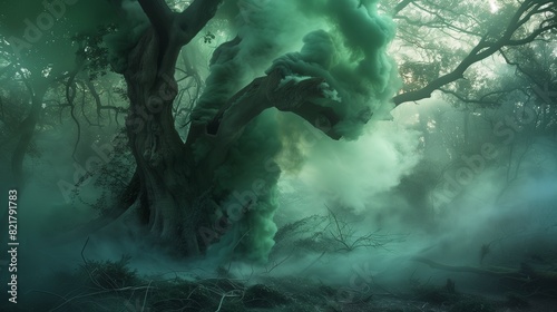 Forest green smoke sculpting a towering tree  set in an ancient woodland at dawn