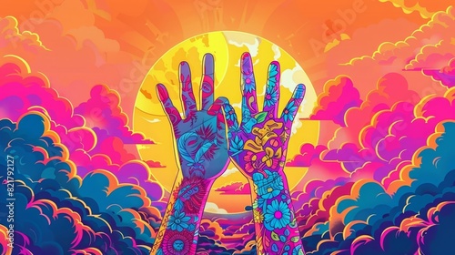 Modern banner with hippie hand showing peace gesture on colorful psychedelic background. Booking hippy festival tickets, music concert, festival. photo