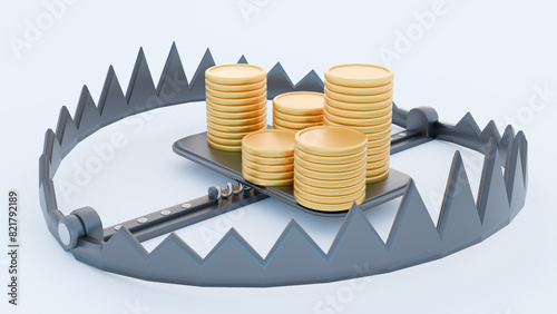 3d rendering of a metal bear trap and pile of gold coins  photo