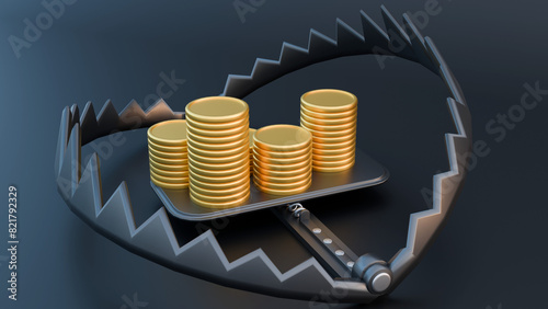 3d rendering of a metal bear trap and pile of gold coins  photo