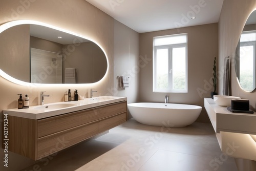 Modern Beige Bathroom Design With LED Oval Mirror And Wooden Bathroom Cabinet