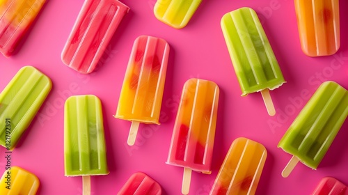Colourful pattern of ice cream popsicles, colorful posicles flat lay on a pink background, top view of popsicles on a pink background, minimal flat lay summer ice cream dessert wallpaper, AI generated