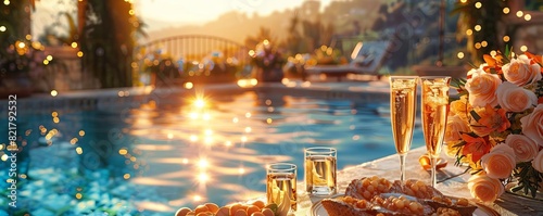 Elegant pool party with sophisticated decor and gourmet snacks, warm sunset hues, oil painting, luxurious and refined photo