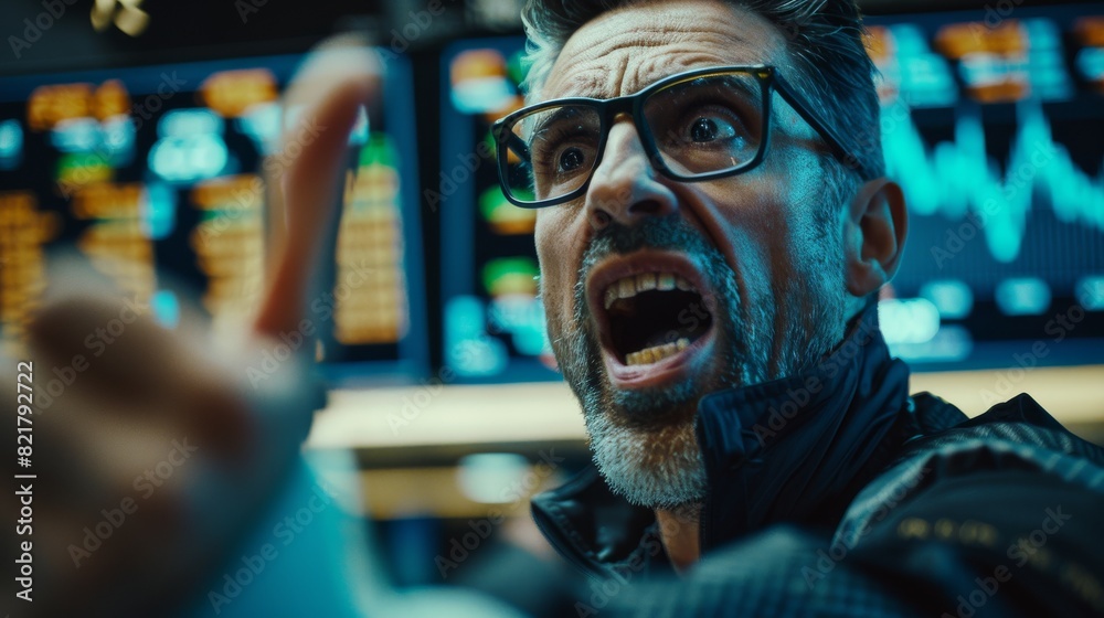 Fototapeta premium Professional Trader Taking Orders on a Stock Exchange. Middle-aged man shouting, signaling orders for company shares and commodities at an open outcry arbitrage.