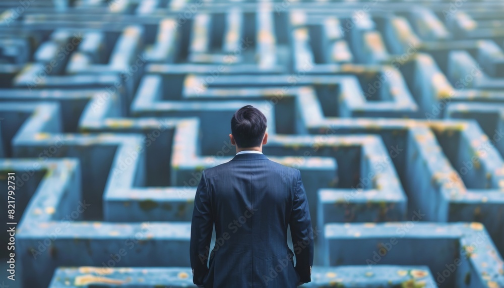 The image shows a man standing in a maze, looking for a way out The image shows a man standing in a maze, looking for a way out