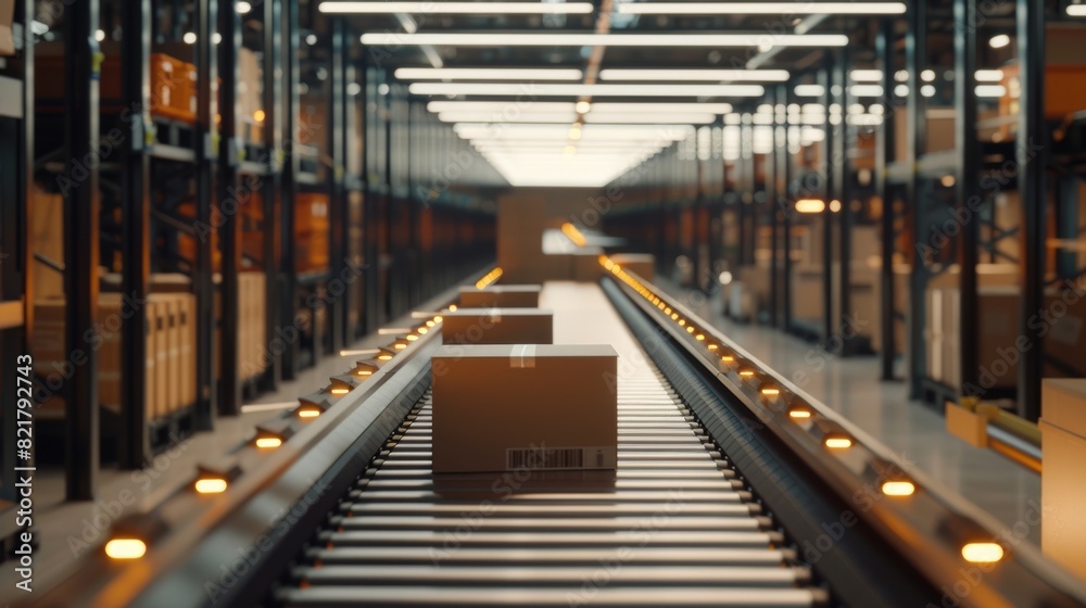 Fototapeta premium An automated conveyor belt sorting mechanism in a logistics center. An automatic engineering solution that handles and prepares packages for delivery to clients.