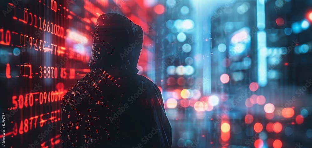 Silhouette of a person surrounded by digital code, highlighting the concept of cybersecurity, hacking, and data protection in a futuristic city.