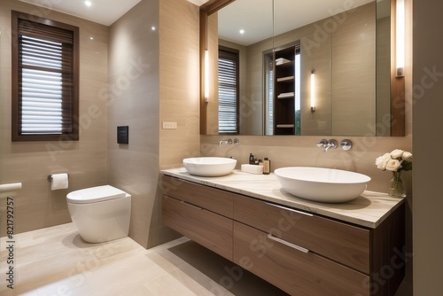 Modern Beige Bathroom Design With Wood And Marble Vanity Unit