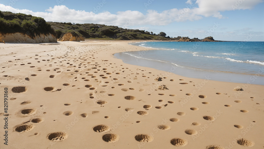 The image is of many footprints in the sand on a beach, with the ocean in the background.

