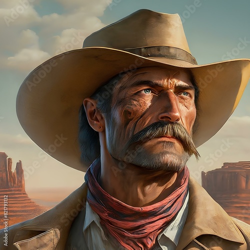 A rugged cowboy with a weathered face and blue eyes, wearing a hat and bandana, set against a desert backdrop. photo