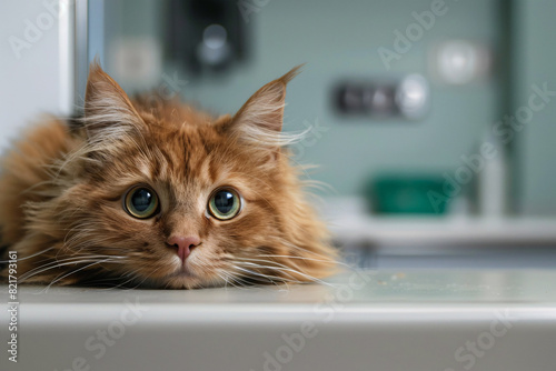 Scared orange cat with large eyes on examination table in vet clinic