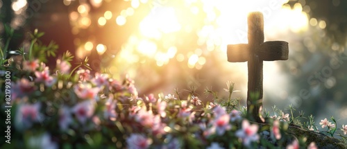 Serene sunrise view of a wooden cross amidst blooming flowers, capturing the essence of peace, spirituality, and natural beauty.