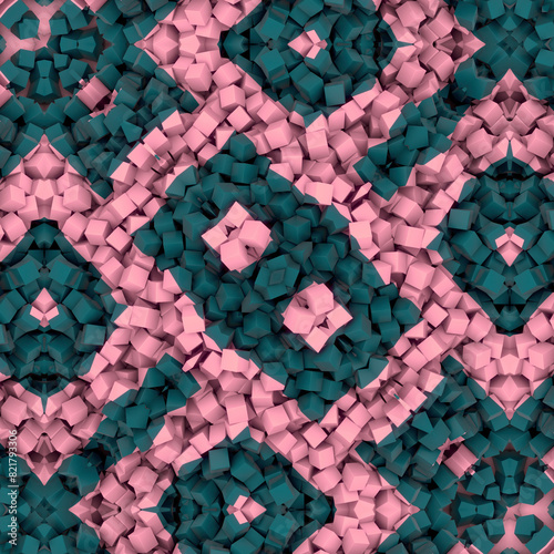 Digital illustration with simple symmetrical geometric pattern consisting of many small cubes. 3d rendering