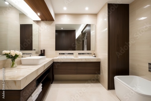 Modern Beige Bathroom Design With Wood And Marble Vanity Unit