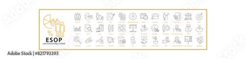 ESOP icons. ESOP icon set. ESOP Line Icons. Employee Stock Ownership Plan. Vector Illustration. Editable Troke.
