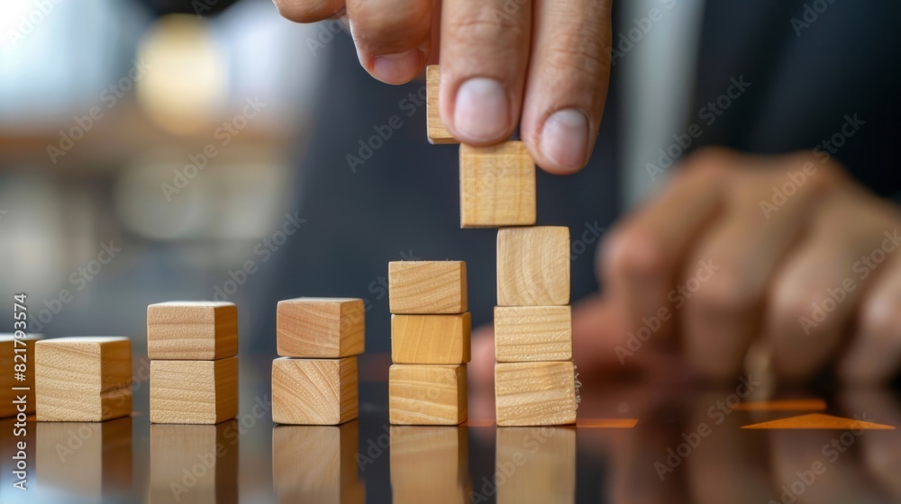 The image shows a person stacking wooden blocks of different heights