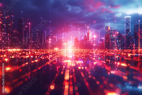 Background of futuristic city with buildings and lines of light