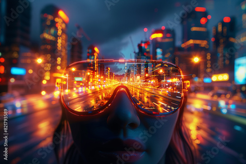 Double exposure of woman wearing VR headset and city lights