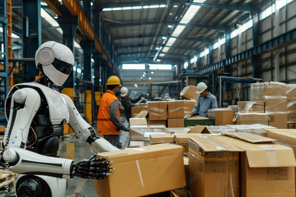 Naklejka premium Robot holding paper box in large warehouse working with human