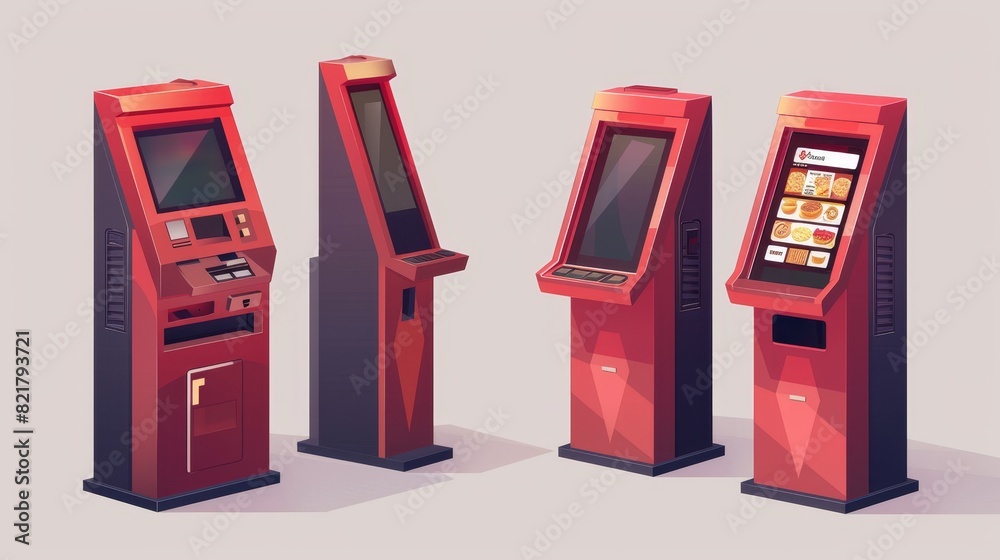Modern realistic 3D mockup of self service interactive terminal for electronic pay in front and angle view intended for fast food restaurants, cafes, markets, and stores. Modern realistic 3D mockup of self service interactive terminal for electronic pay in front and angle view intended for fast food restaurants, cafes, markets, and stores.