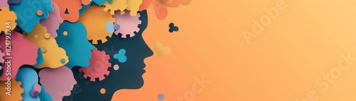 The image shows a person's head made up of colorful puzzle pieces. The background is a gradient of orange and yellow. The image symbolizes teamwork and collaboration. photo