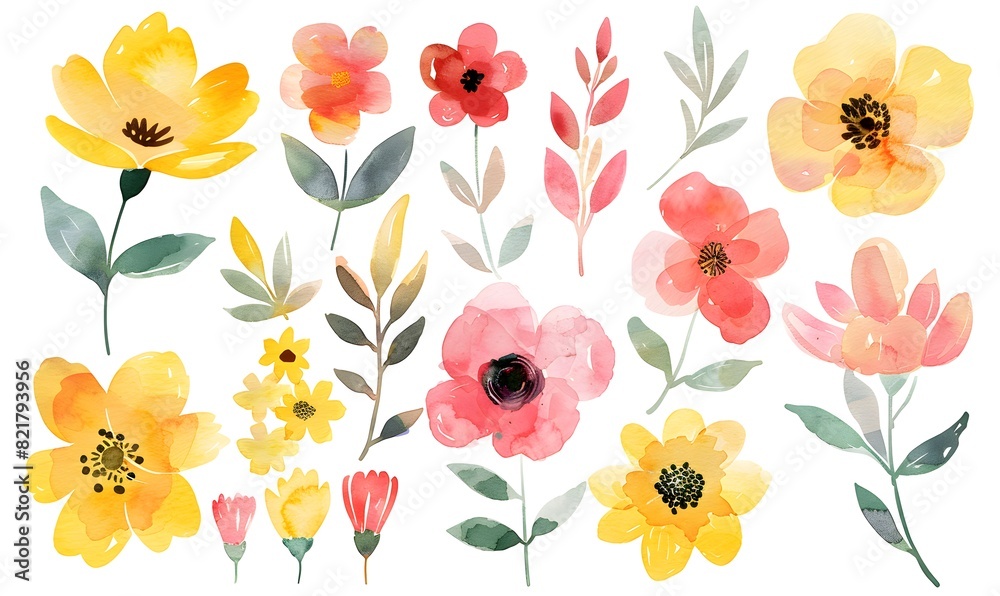 watercolor flowers showcasing a profusion of yellow pink and red blossoms perfect for adorning cards, Generative AI watercolor flowers showcasing a profusion of yellow pink and red blossoms perfect for adorning cards, Generative AI