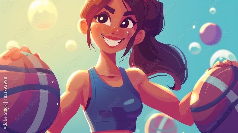 Young woman holding dumbbells and playing basketball. Modern cartoon illustration of an active young woman doing exercises and using a sport ball. Young woman holding dumbbells and playing basketball. Modern cartoon illustration of an active young woman doing exercises and using a sport ball.
