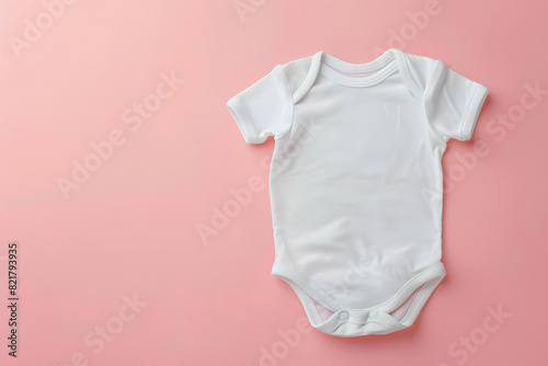 Blank white cotton baby short sleeve bodysuit top view isolated on pastel pink background