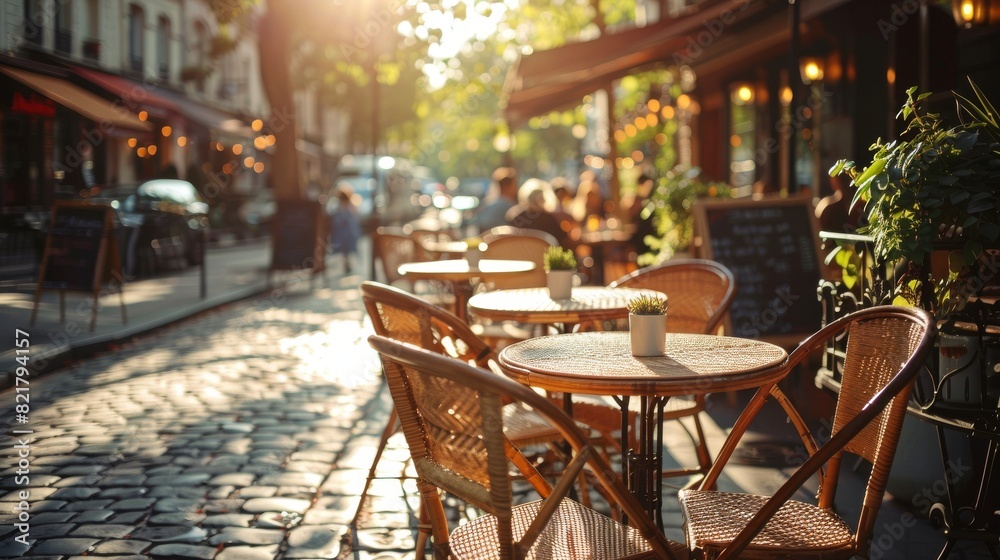 A row of outdoor tables with chairs are set up on a cobblestone street