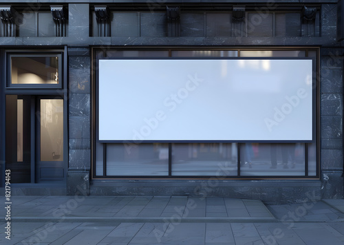 Blank whiteboard on the window glass, horizontal, outdoors billboard. front view. copy space, mockup product.