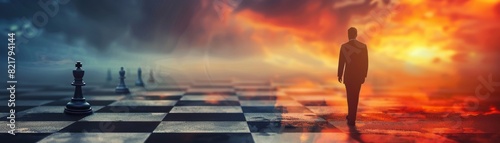 The photo shows a chessboard with a red and yellow sky photo
