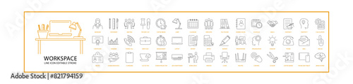 Workspace Icons. Workspace Icon Set. Workspace Line Icons. Workplace. Vector Illustration. Editable Stroke.