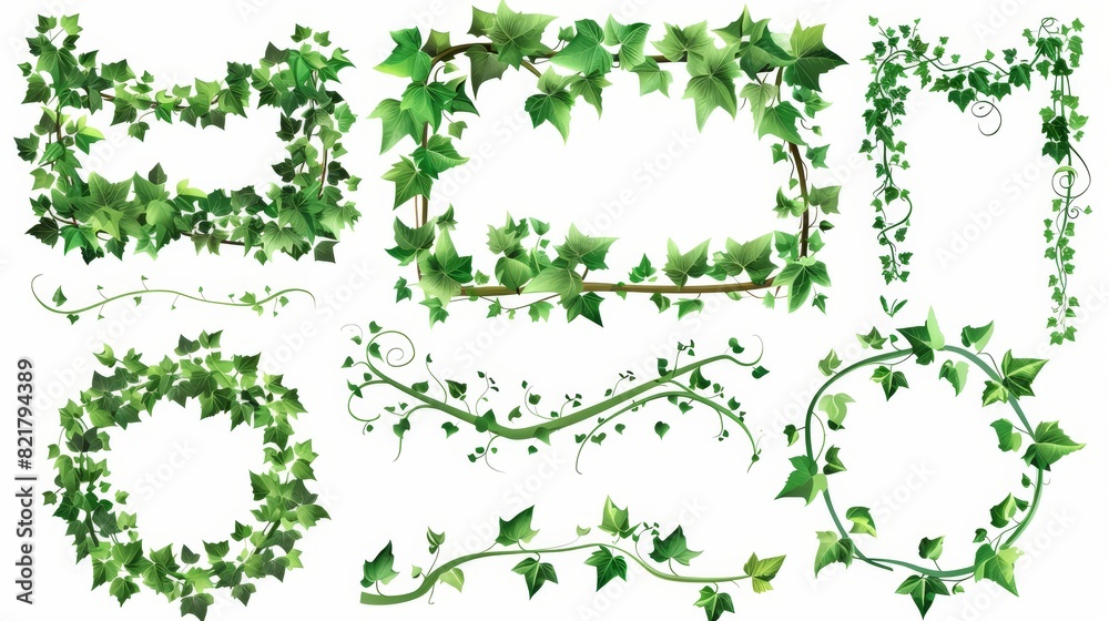 Round, rectangular, and square hedera borders isolated on white background. Design elements for invitation decor, Realistic 3D modern set. Round, rectangular, and square hedera borders isolated on white background. Design elements for invitation decor, Realistic 3D modern set.