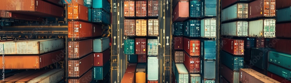 Fototapeta premium The photo shows a lot of cargo containers stacked up in a shipyard, with a large crane in the background.