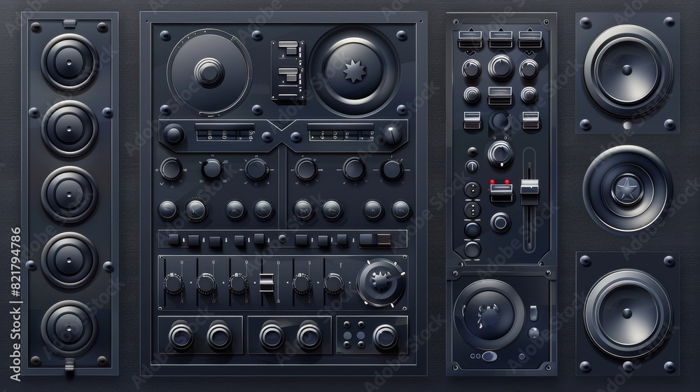 Modern realistic set of music studio knobs and sliders, 3D metal audio tuners, faders and round switch isolated on dark background. Modern realistic set of music studio knobs and sliders, 3D metal audio tuners, faders and round switch isolated on dark background.