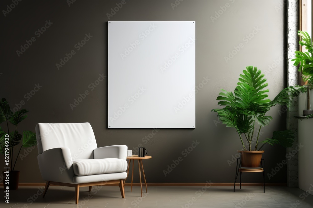 Fototapeta premium Blank poster on a wall in a modern office, sleek furniture, bright lighting