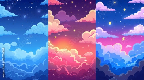 Cartoon backgrounds of blue, pink and starry skies. Graphic interface or gui modern layers of day or morning fluffy spindrift or cumulus eddies. photo