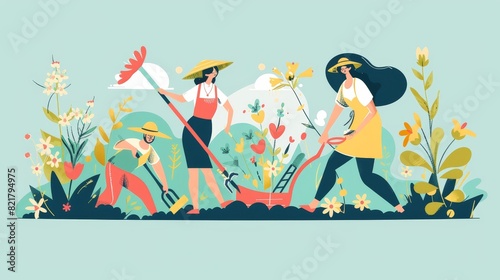 Planting and growing sprouts and plants  raking ground  watering and fertilizing flowers. People working in a summer garden. Line art flat modern illustration.