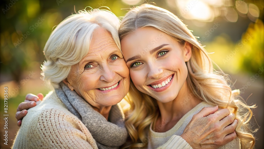 Happy Blonde Elderly Mom and Young Daughter - Family Bonding Happy Blonde Elderly Mom and Young Daughter - Family Bonding