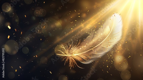 Modern design with realistic gold colored bird or angel quill, soft fluffy plume flying in rays of sunshine over a defocused background.