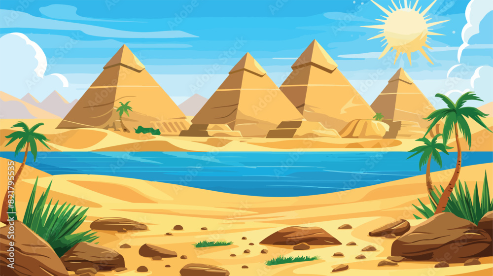 Cartoon desert with ancient Egyptian pyramids and Nil