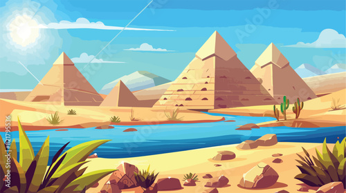 Cartoon desert with ancient Egyptian pyramids and Nil