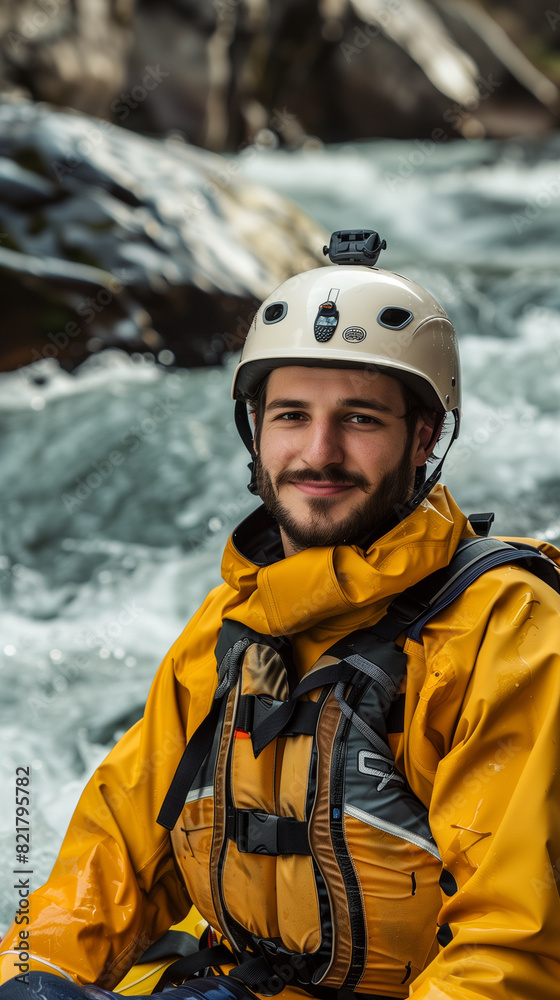 caucasian male rafting instructor in professional clothes by a river