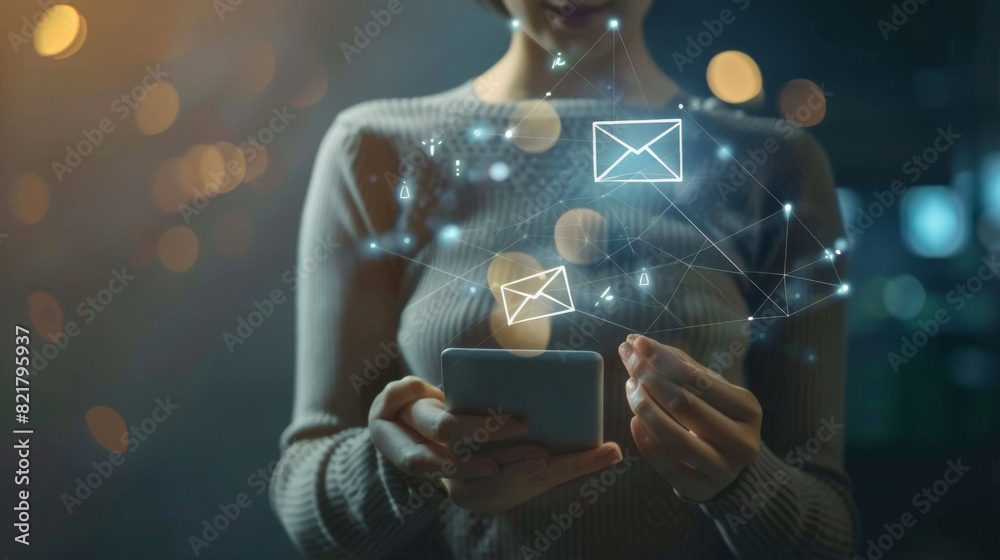 The woman is holding a phone in her hand and looking at the screen. The phone is displaying an email app. The woman is holding a phone in her hand and looking at the screen. The phone is displaying an email app.