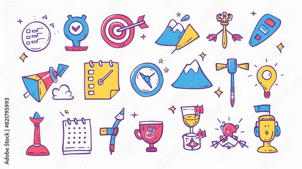 Icons depicting business goals, such as a dart target and arrow, pedestal with flag, to-do list with ticks, a chart, a glass with a target, a calendar or schedule, the mountain top, a trophy cup, and Icons depicting business goals, such as a dart target and arrow, pedestal with flag, to-do list with ticks, a chart, a glass with a target, a calendar or schedule, the mountain top, a trophy cup, and
